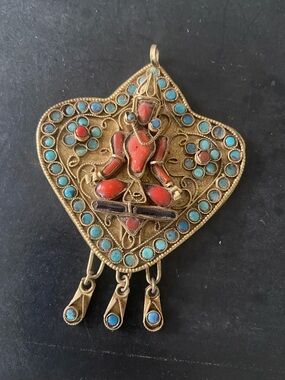 Lg. Vintage Tibetan Nepalese Turquoise and Coral Brass  Pendant.